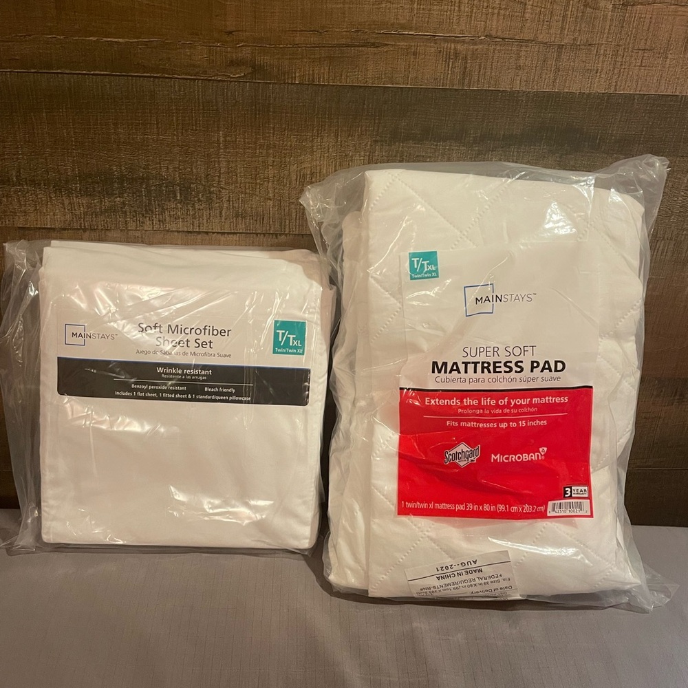 Mainstays White Soft‎ Microfiber Sheet Set & Soft Mattress Pad, NWT, Size T/Txl